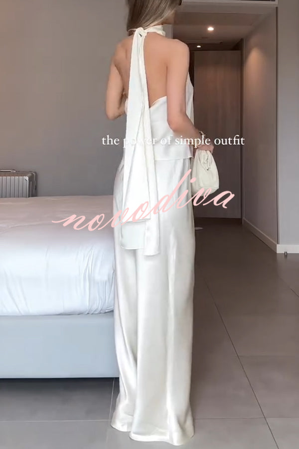 Modern Day Glam Satin Halter Tie-up Tank and Elastic Waist Wide Leg Pants Set