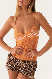 Dazzling Sequin Beaded Material Back Lace-up Loose Tank