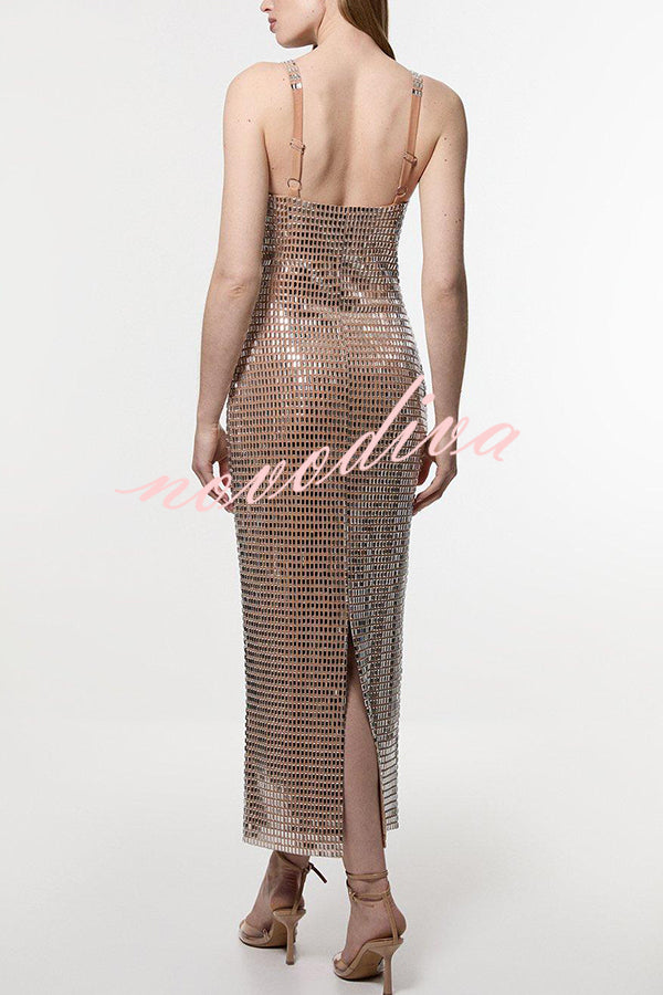Dazzling Entrance Premium Crystal Embellished Jersey Slit Midi Dress