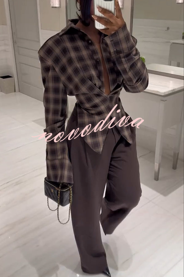 Vintage Plaid Shoulder Pad Buttons Long Sleeve Angled Hem Shirt