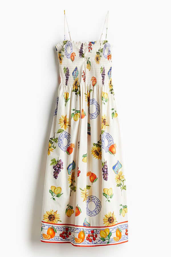 Summer Fruit Print Sling Pleated Vacation Midi Dress