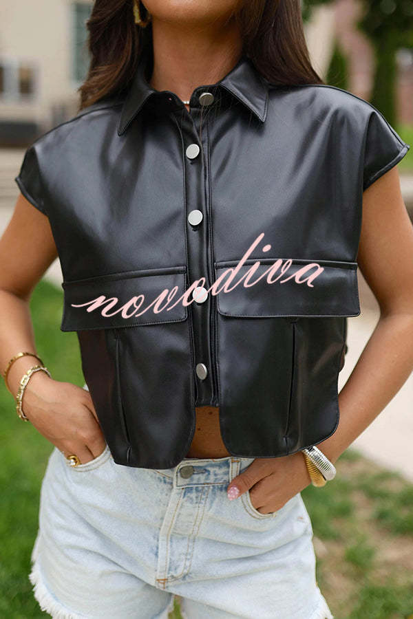 Fashion Faux Leather Pocket Sleeveless Cropped Jacket