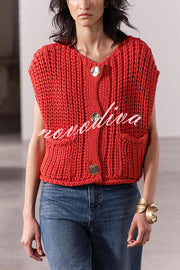 Solid Color Sleeveless Pocket Knitted Vest