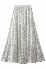 Golden Evening Sequin Elastic Waist Maxi Skirt