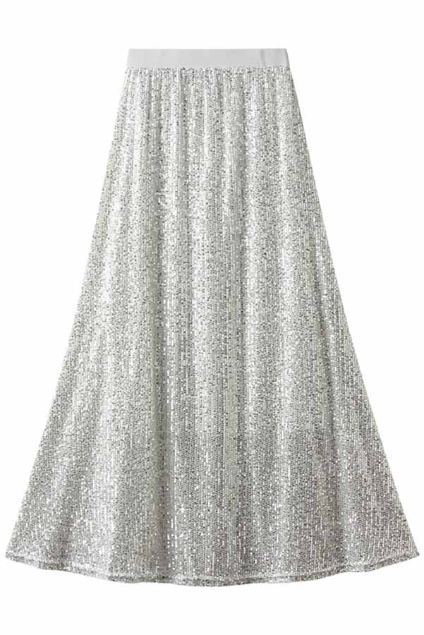 Golden Evening Sequin Elastic Waist Maxi Skirt