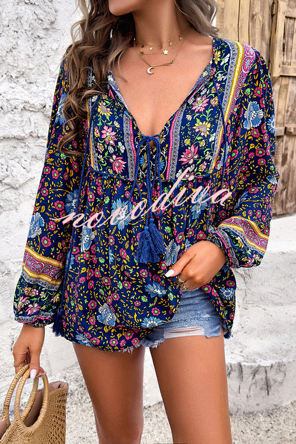 Intricate Floral Print V Neck Lace Up Paneled Long Sleeve Shirt