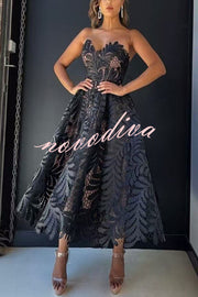 Elegant Openwork Lace Strapless Full-hem Midi Dress