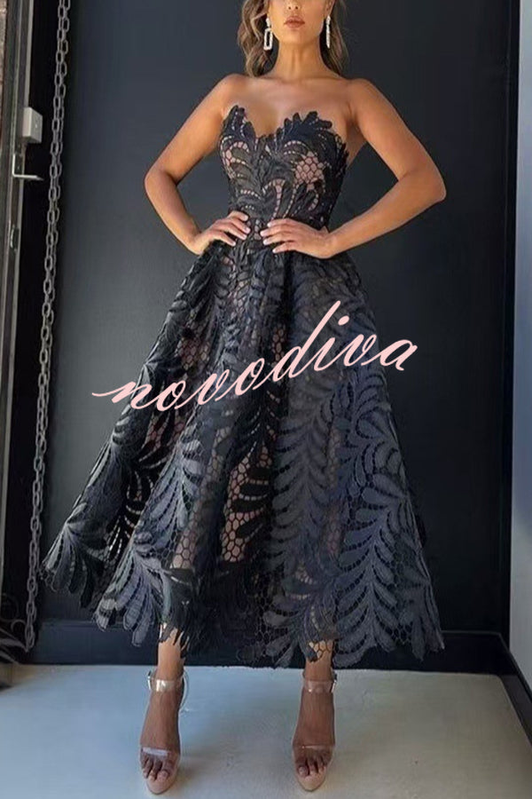 Elegant Openwork Lace Strapless Full-hem Midi Dress