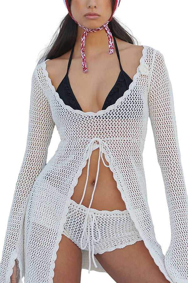 Elegant Knitted Cutout V Neck Lace Up Long Sleeves Cover Ups