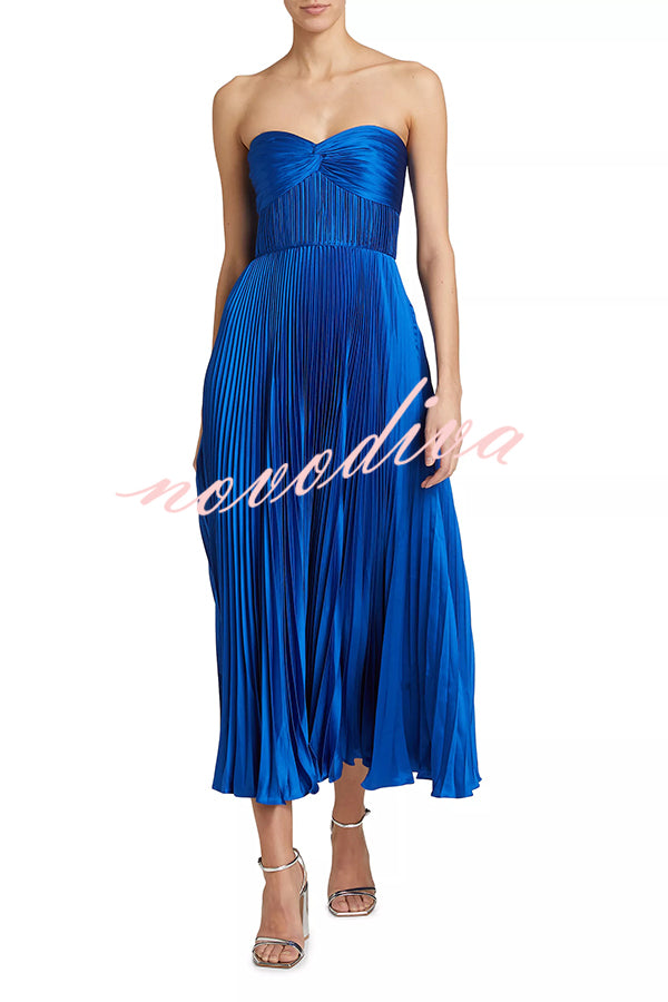 Love Note Satin Sweetheart Twist Off Shoulder Pleated Maxi Dress
