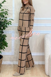 Fashionable Plaid Turtleneck Long Sleeve Top and Elastic Waist Tie Pocket Pants Set