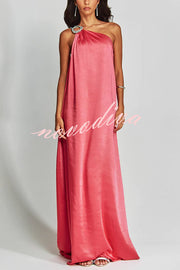 Charming Glance Satin Metal Hardware One Shoulder Loose Maxi Dress