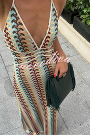 Playful Colorful Knit Holiday Style Halter Neck Maxi Dress