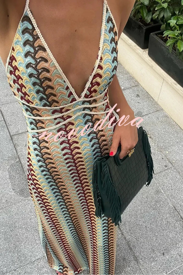 Playful Colorful Knit Holiday Style Halter Neck Maxi Dress