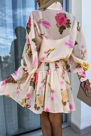 Sunset and Dreams Floral Print Subtle Tuck Lantern Sleeve Belt Mini Dress