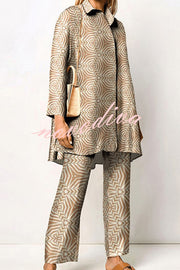 Geometric Print Lapel Long Sleeved Top and Pants Two Piece Set