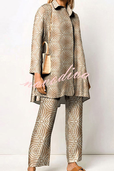 Geometric Print Lapel Long Sleeved Top and Pants Two Piece Set
