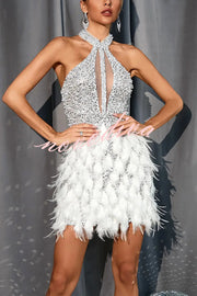 Stylish Sequined Sleeveless Feather-embellished Slim-fit Mini Dress