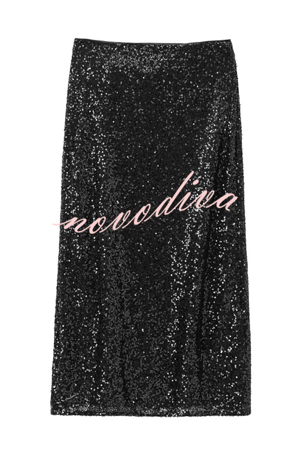 Crushing on You Sequin High Rise Wrap Tie-up Slit Midi Skirt