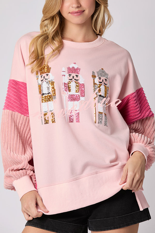 Christmas Nutcracker Sequined Patchwork Sleeve Color Block Sweatshirt