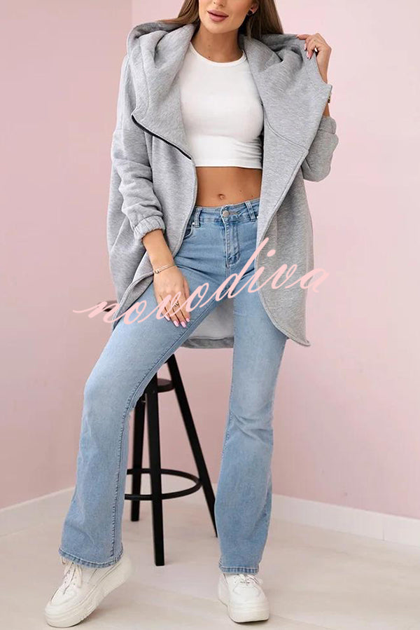 Solid Color Loose Hooded Zip-up Casual Sports Jacket