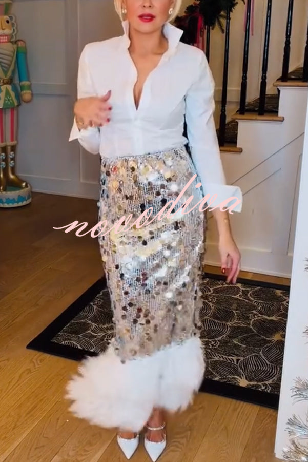 Playful Sparkling Large Sequin Faux Fur Tassel Hem Elastic Waist Maxi Skirt