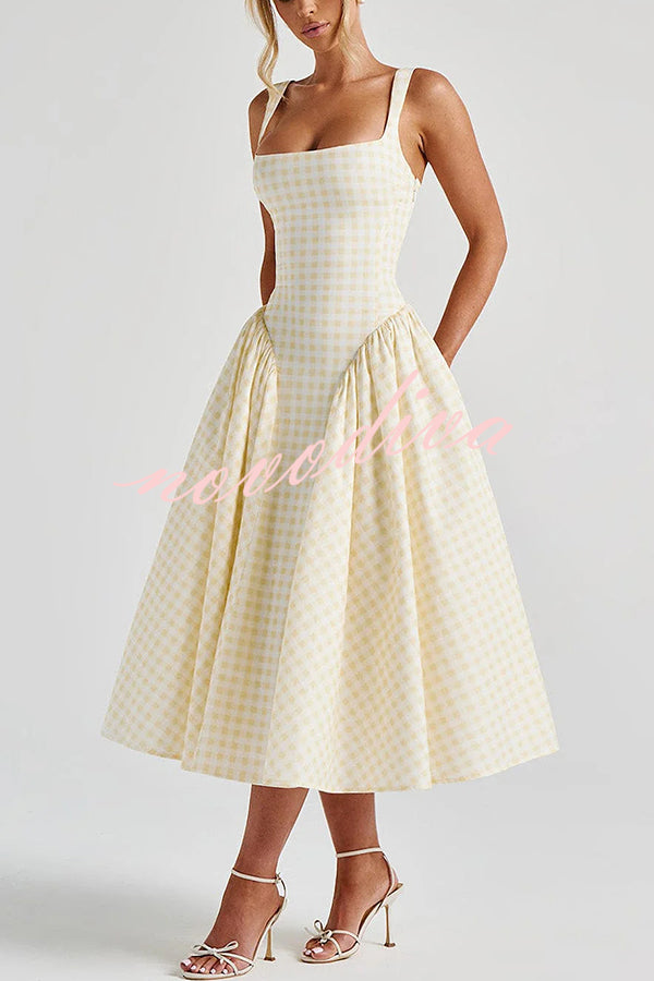 Playful Elf Gingham Square Neck Back Smocked Lace-up Midi Dress