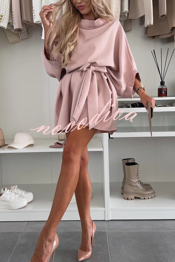 Solid Color Loose Round Neck Belted Mini Dress