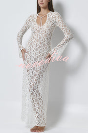 Santorini Sunset Floral Lace Long Sleeve Slit Vacation Maxi Dress