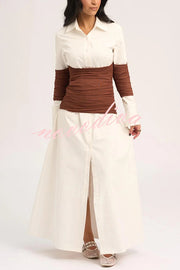 Fashionable Pleated Contrast Patchwork Waist Long Sleeve Button Shirt Maxi Dress