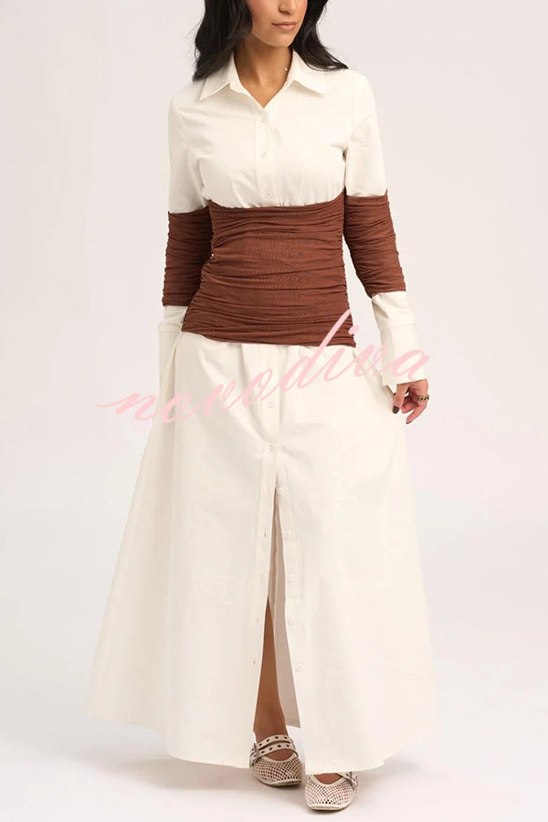 Fashionable Pleated Contrast Patchwork Waist Long Sleeve Button Shirt Maxi Dress