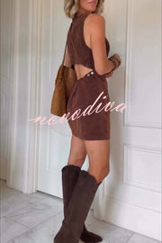 Atlas Faux Suede Open Back Button Accents Zipper Mini Dress