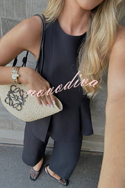 Solid Color Round Neck Sleeveless Casual Top and Loose Straight Pants Set