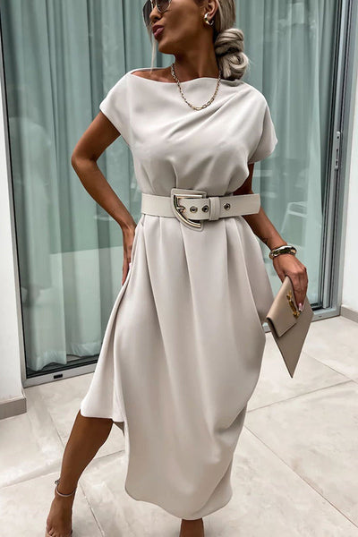 Extraordinary Cut Asymmetrical Short Sleeve Belted Loose Midi Dress