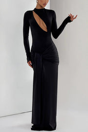 Sexy Cutout Fitted Long-sleeved Pleated Satin Ribbon Maxi Dresses