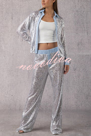 Fashion Sequined Loose Long-sleeved Shirt and Casual Elastic Waist Wide-leg Pants Set