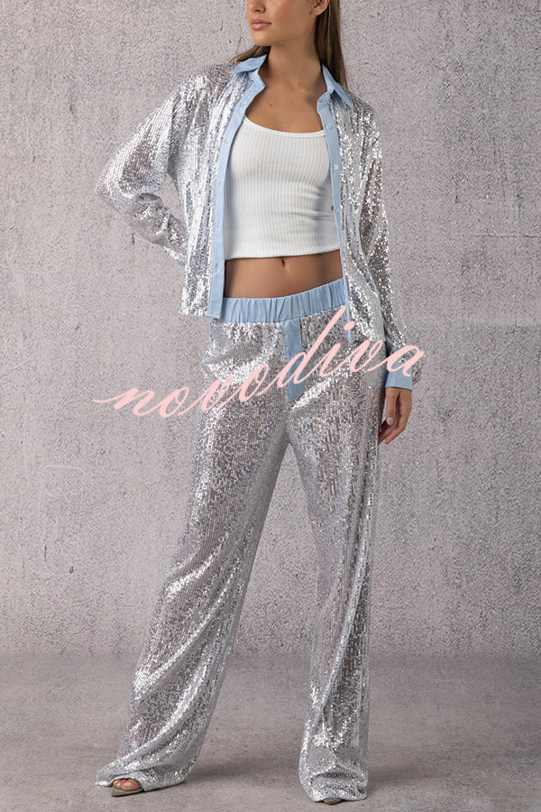 Fashion Sequined Loose Long-sleeved Shirt and Casual Elastic Waist Wide-leg Pants Set