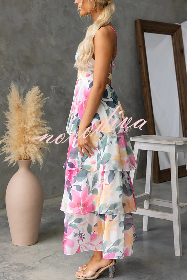 Dreamy Destiny Floral Print Elastic Back Tiered Maxi Dress