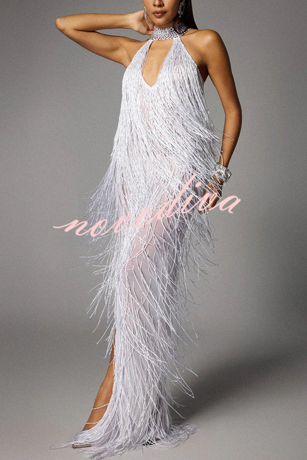 Glimmer Hour Shiny Layered Tassels Halter Cutout Neck Split Maxi Dress