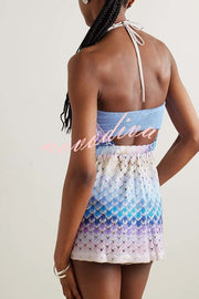 Wave Waves Knit Colorful Zigzag Pattern Halter Neck Backless Loose Romper