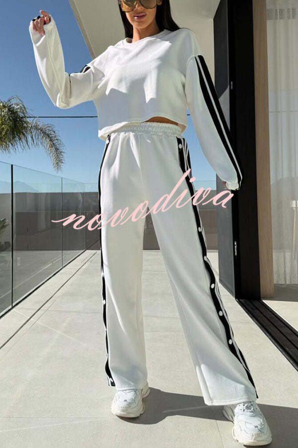 Sporty Chic Striped Patchwork Sweatshirt and Elastic Waist Side Button Up Loose Pants Set