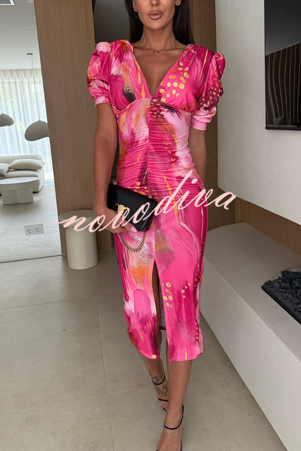 Unique Print V-Neck Puff Sleeve Slit Slim Midi Dress