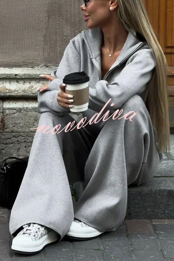 Effortlessly Stylish Ribbed Zipper High Neck Sweatshirt and Elastic Waist Pocketed Loose Pants Set