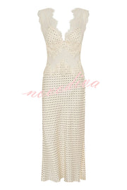 Wonderful Fusion Satin Lace Trim Poka Dot V-neck Drape Maxi Dress