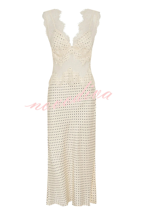 Wonderful Fusion Satin Lace Trim Poka Dot V-neck Drape Maxi Dress