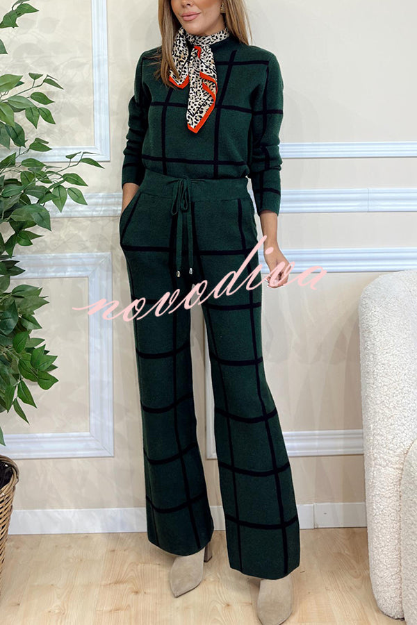 Fashionable Plaid Turtleneck Long Sleeve Top and Elastic Waist Tie Pocket Pants Set