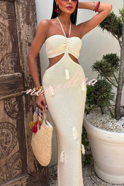 Fashion Halterneck Waist-baring Tassel-embellished Knitted Maxi Dress