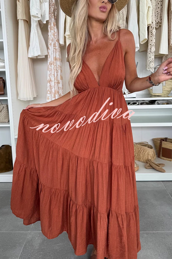 Bohemian Style V-neck Backless Slip Layered Vacation Maxi Dress