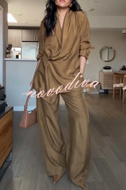 Bella Satin Drape Collar Single Button Casual Blazer and Elastic Waist Pocket Loose Pants Set