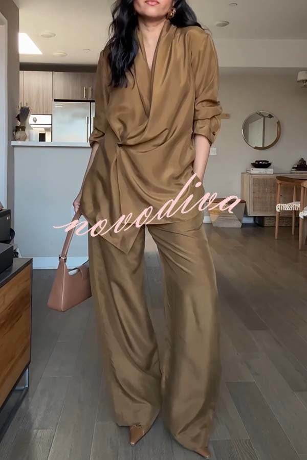 Bella Satin Drape Collar Single Button Casual Blazer and Elastic Waist Pocket Loose Pants Set
